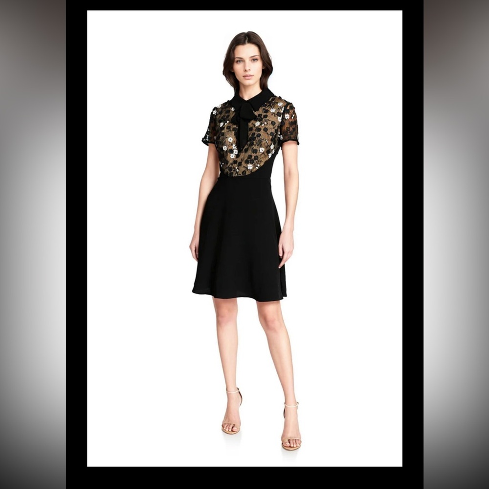 NWT Shani Lace Bodice Fit & Flare Dress w Bow Tie - Size 10 - Black and White